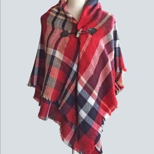 Red Plaid blanket scarf/toggle poncho